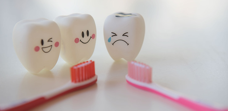 3 plastic teeth with characters drawn on them and 2 tooth brushes.